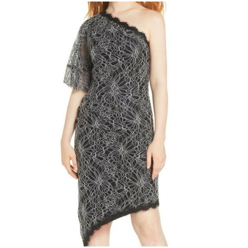 Harlyn Black White Lace One Shoulder Asymmetric‎ Hem Cocktail Dress Size M NWT